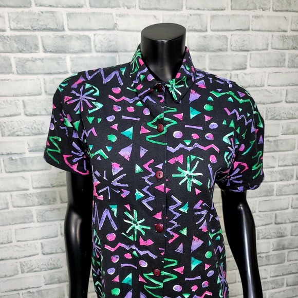 Vintage 80s Geometric Neon Print Button Up‎ Shirt Sz M Black Retro Party Top - Picture 3 of 9